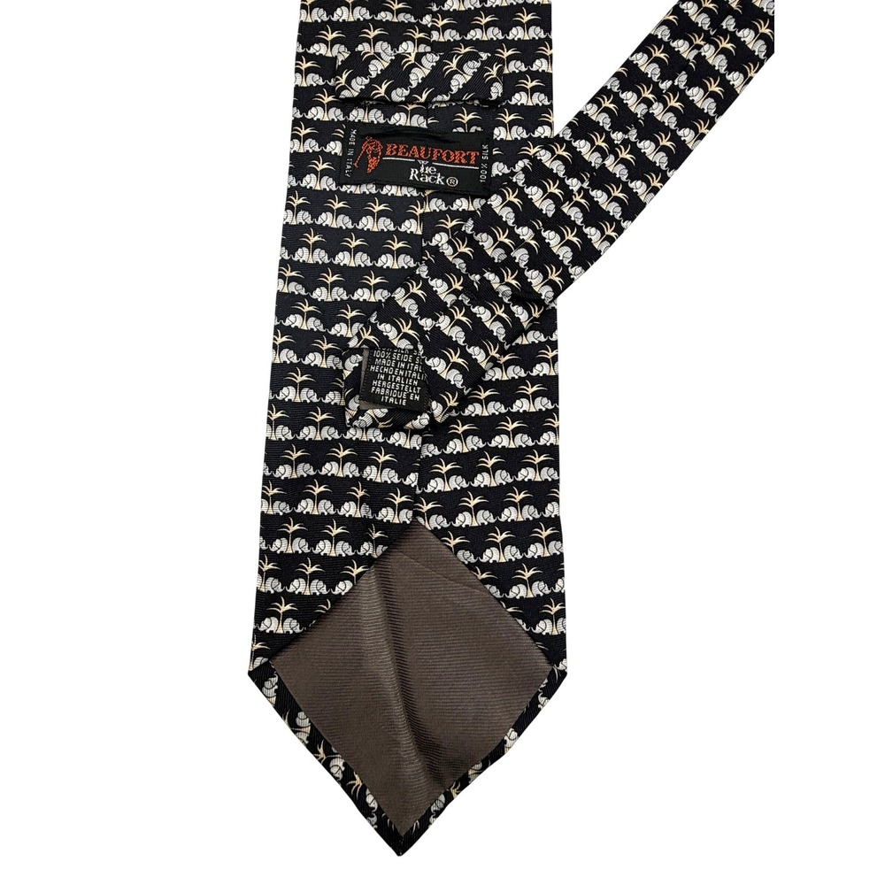 Beaufort Tie Rack Elephant Palm Tree Silk‎ Mens Tie Black Gold Italy Made 59.5"L - Picture 3 of 8